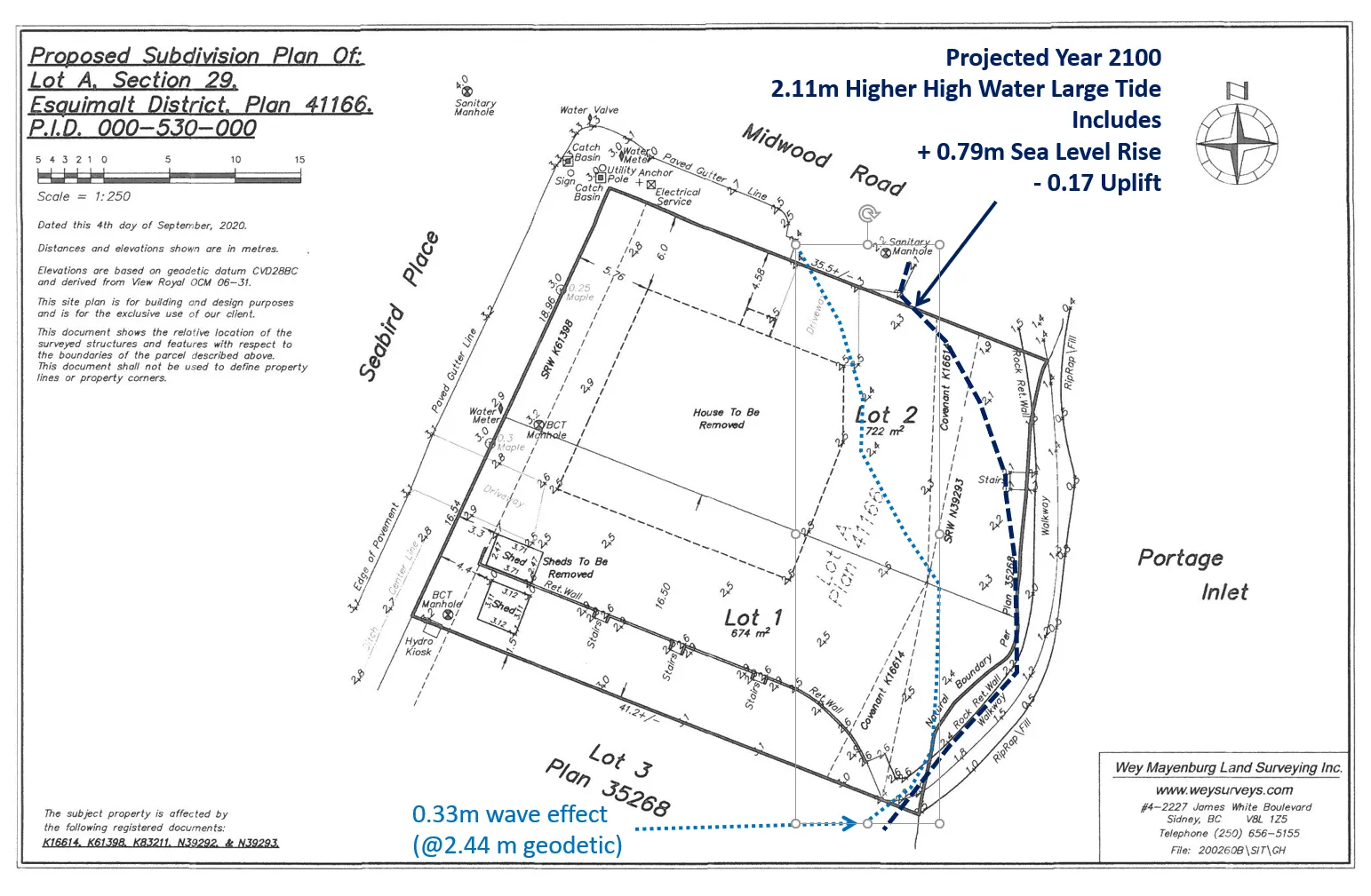 Proposed subdivision plan map showing projected year 2100 high tide line with sea level rise and wave effect projections