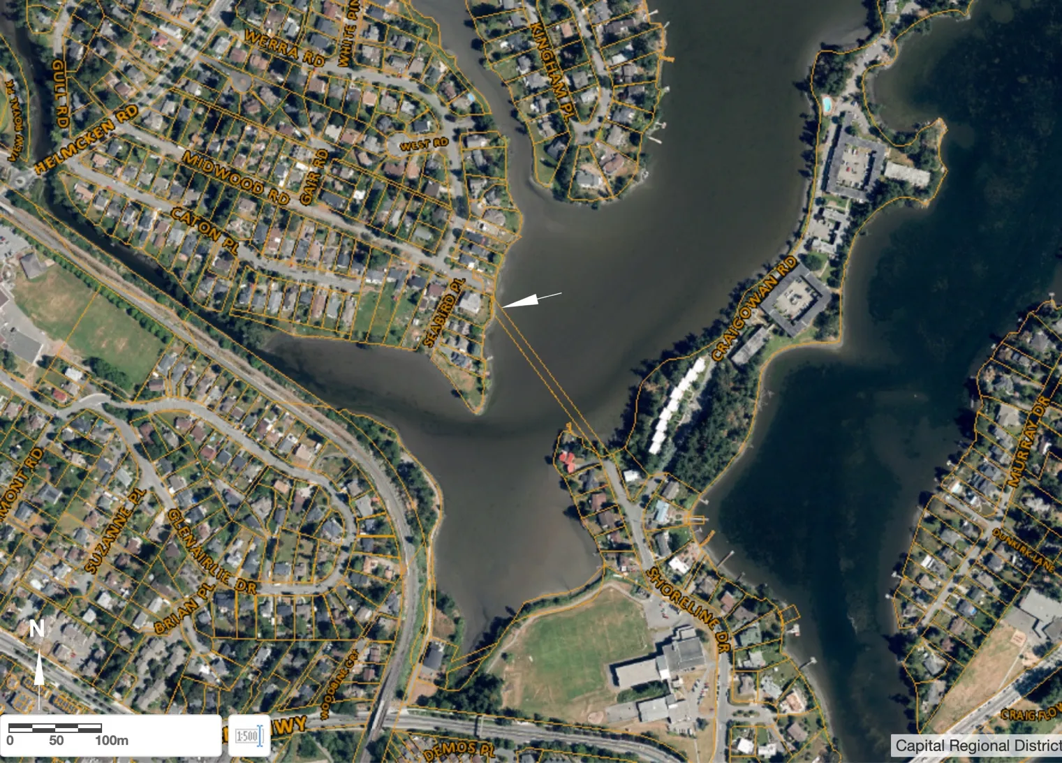 Aerial map showing project site at Lot 1 Midwood Road in Portage Inlet, Town of View Royal, BC. Figure 1.