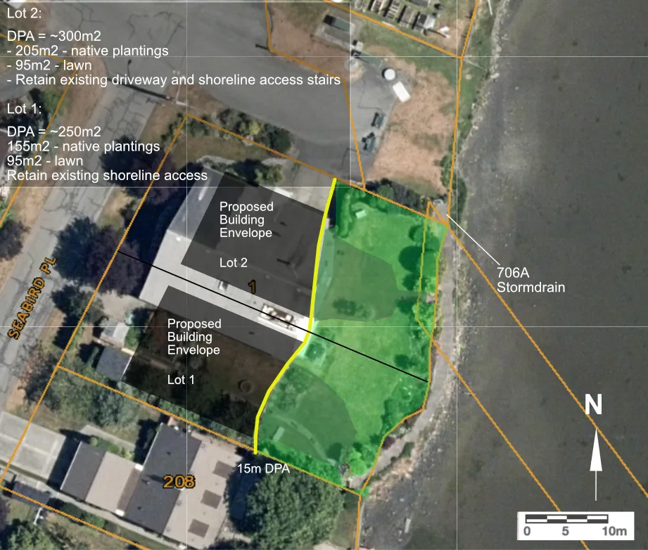 Aerial view showing project site, Lot 1 Midwood Road and approximate Natural Watercourse and Shoreline Areas DPA (yellow line), and proposed development. Figure 2.