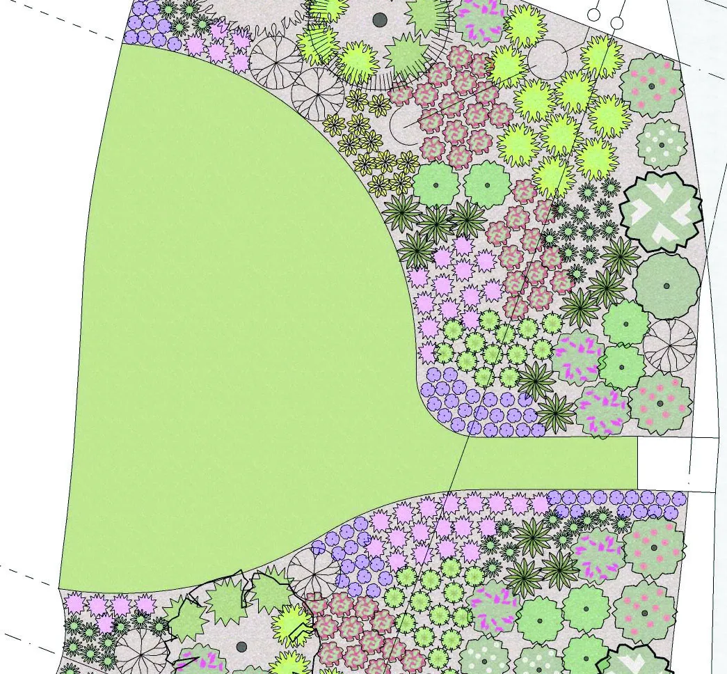 Planting plan detail for the central portion of Lot 2 adjacent to the lawn