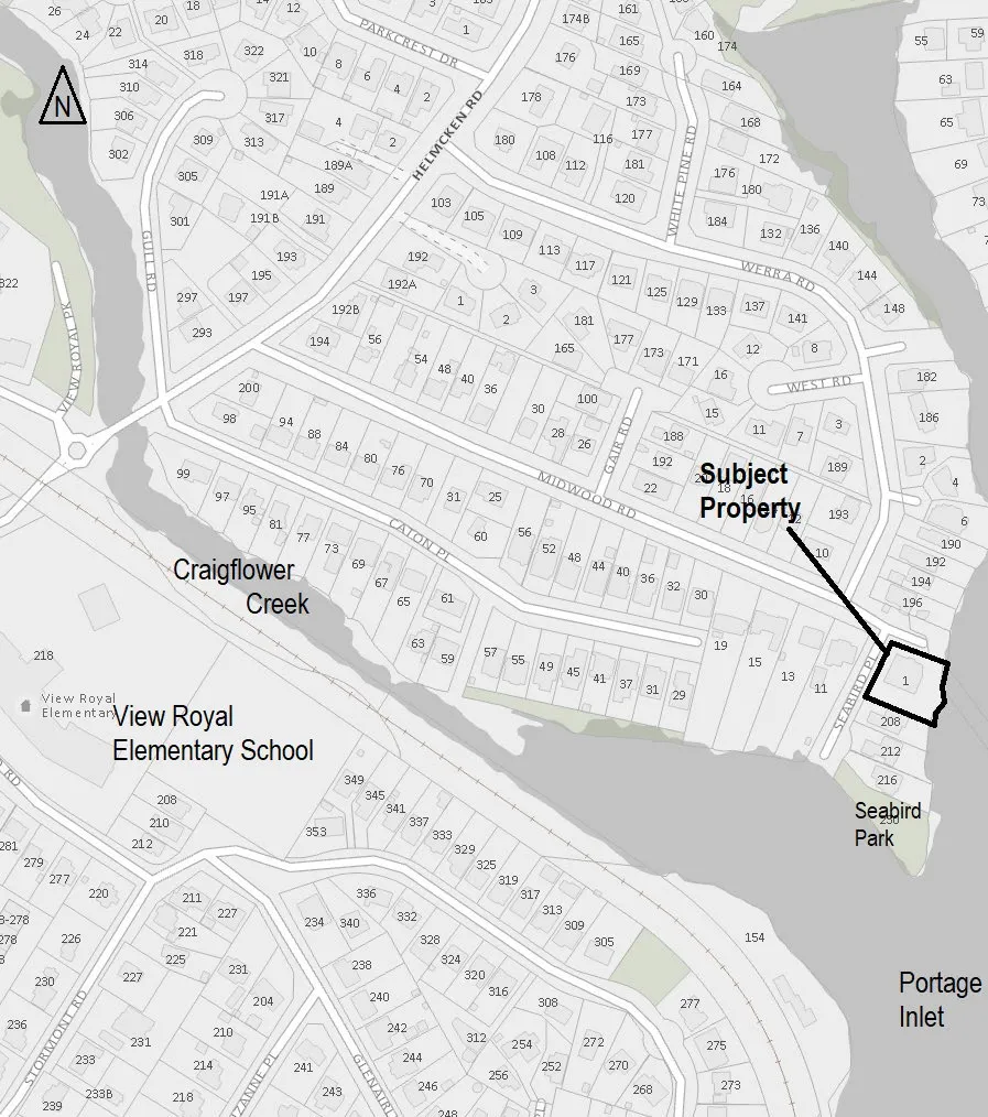 Location map showing 1 Midwood Road as the subject property near Craigflower Creek, View Royal Elementary School, and Portage Inlet
