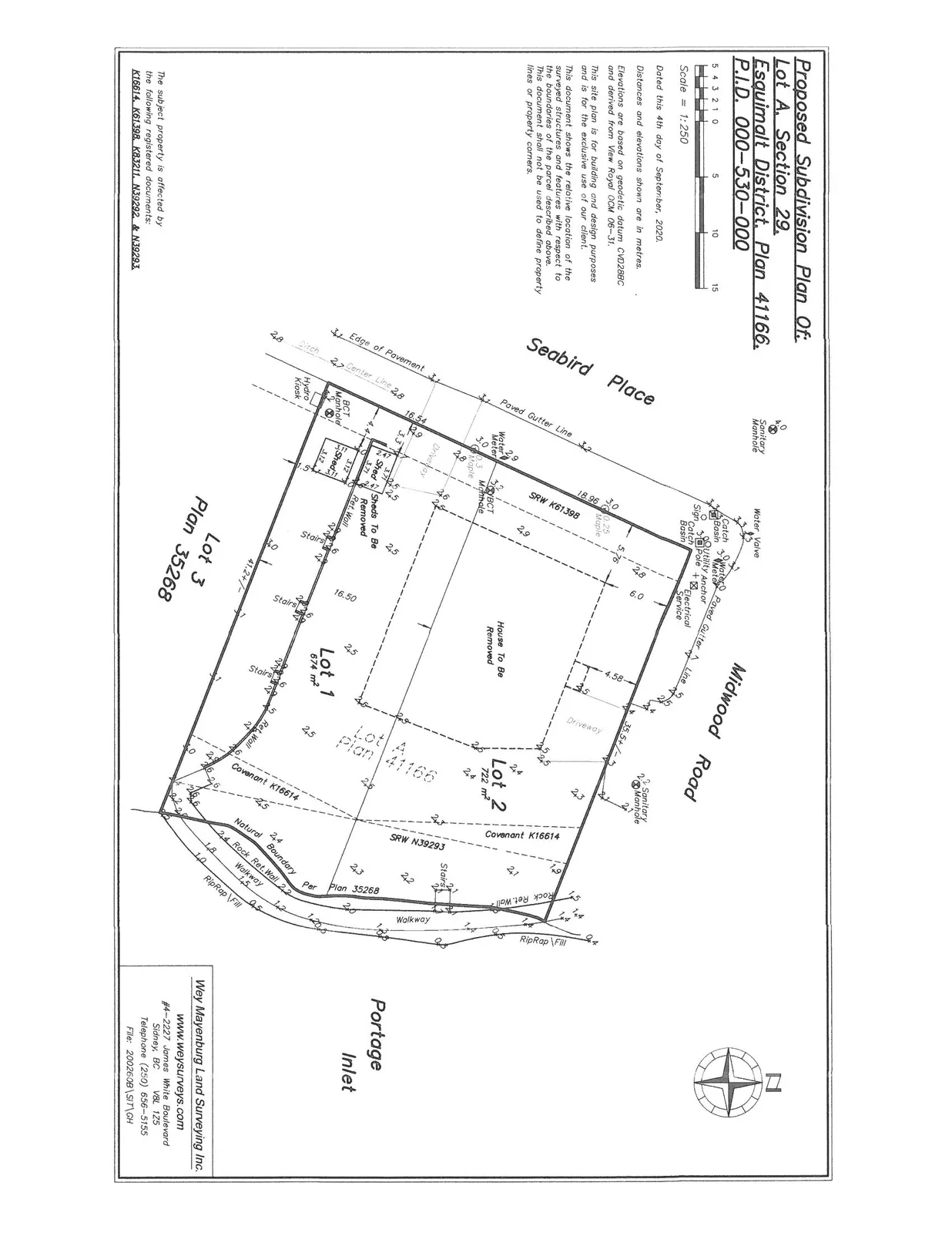 Proposed Subdivision Plan of Lot A, Section 29, Esquimalt District, Plan 41166 (P.I.D. 000-530-000) dated September 4, 2020, showing the creation of Lot 1 (674 m²) and Lot 2 (722 m²)