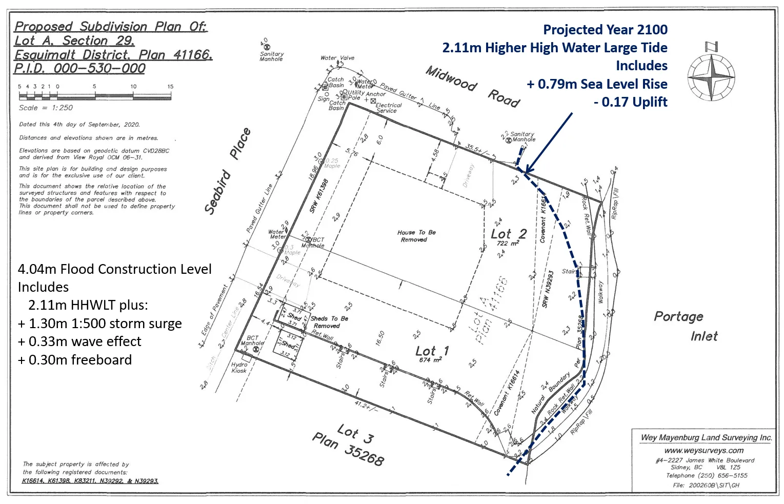 Annotated subdivision plan showing the 4.04m Flood Construction Level and projected sea level rise for the year 2100