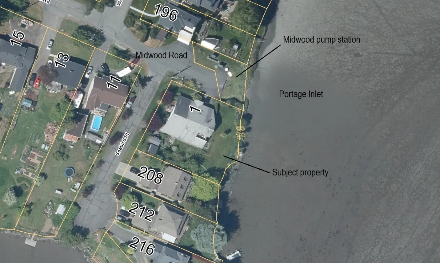 Aerial view of the subject property at 1 Midwood Road, showing its proximity to Portage Inlet and the Midwood pump station