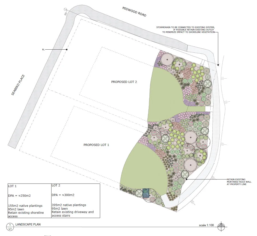 Landscape plan for Proposed Lot 1 and Lot 2, detailing native plantings, lawn areas, and retained shoreline access