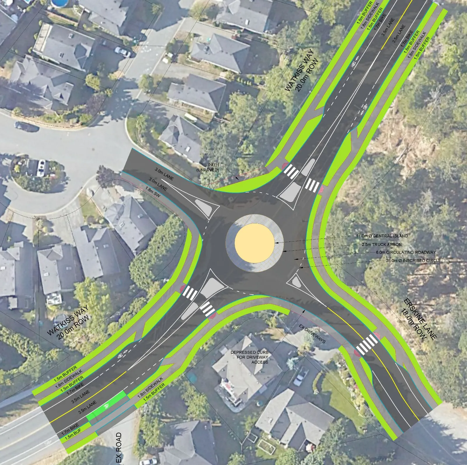 Engineering design plan for the proposed roundabout at Watkiss Way and Erskine Lane.