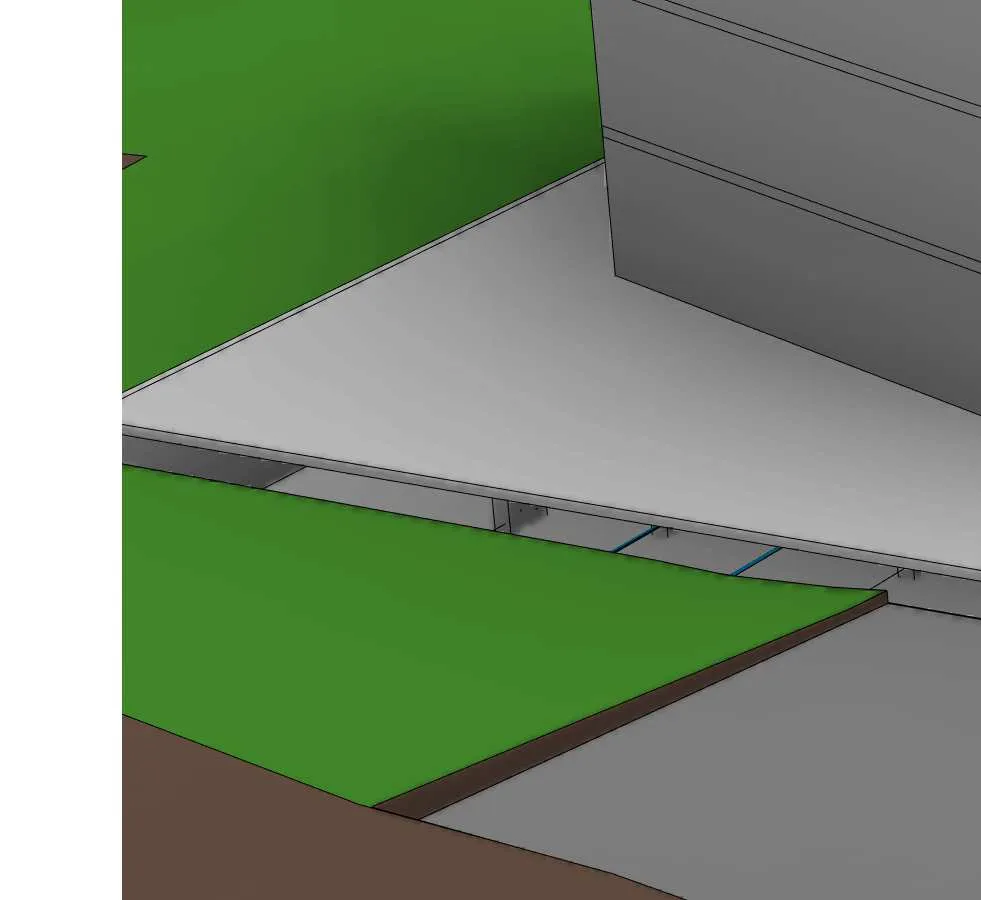 Rendering detail showing base of building and paved sidewalk area
