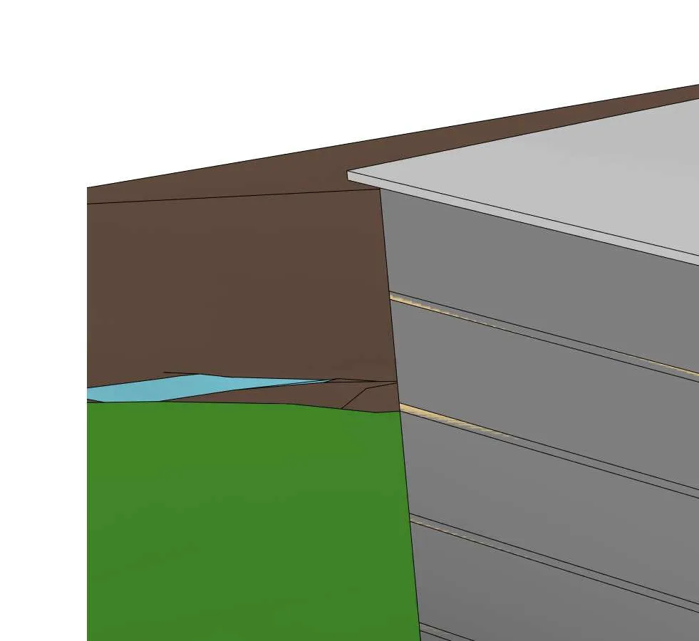Rendering detail showing interface between building wall and sloped terrain