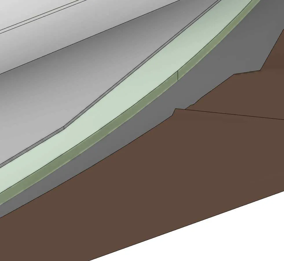 Rendering detail showing corner base of a building unit