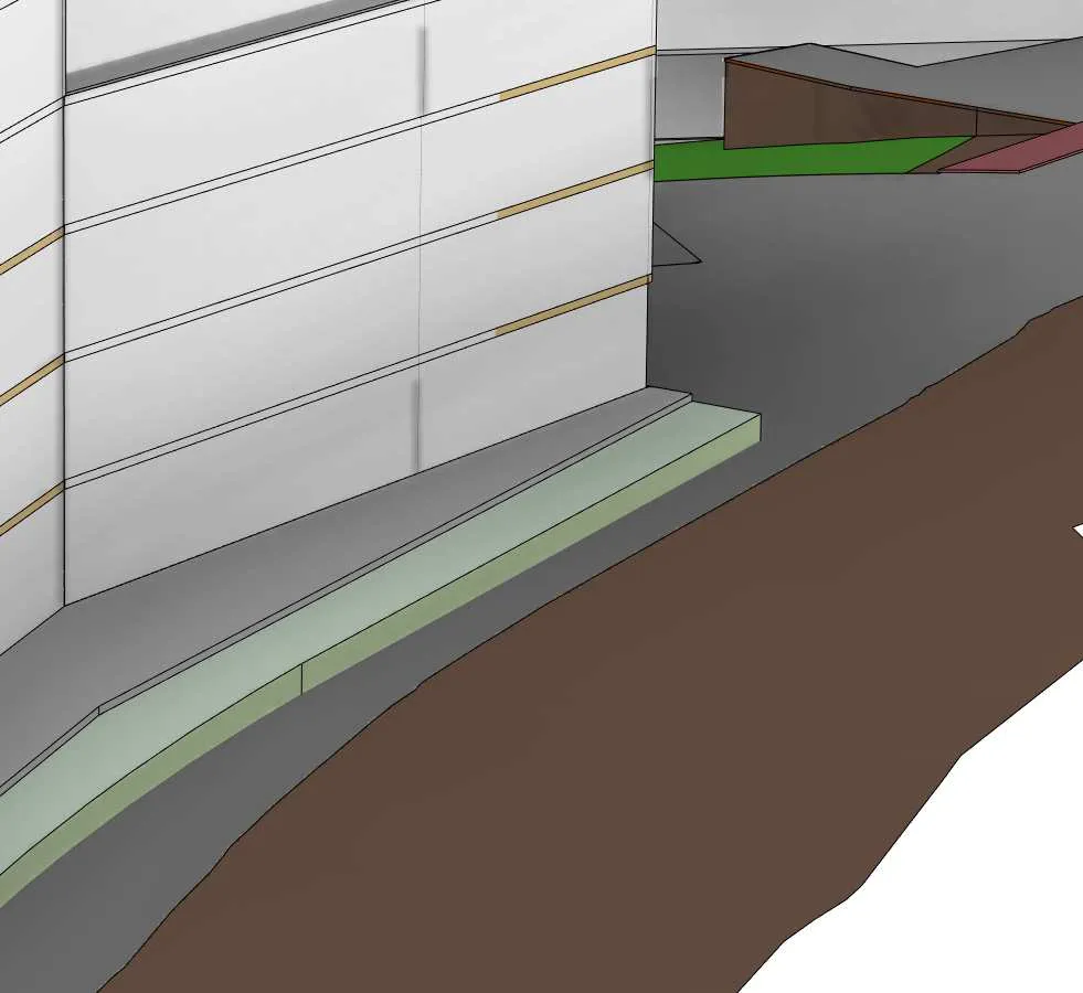 Rendering detail showing paved sidewalk and green landscaped area