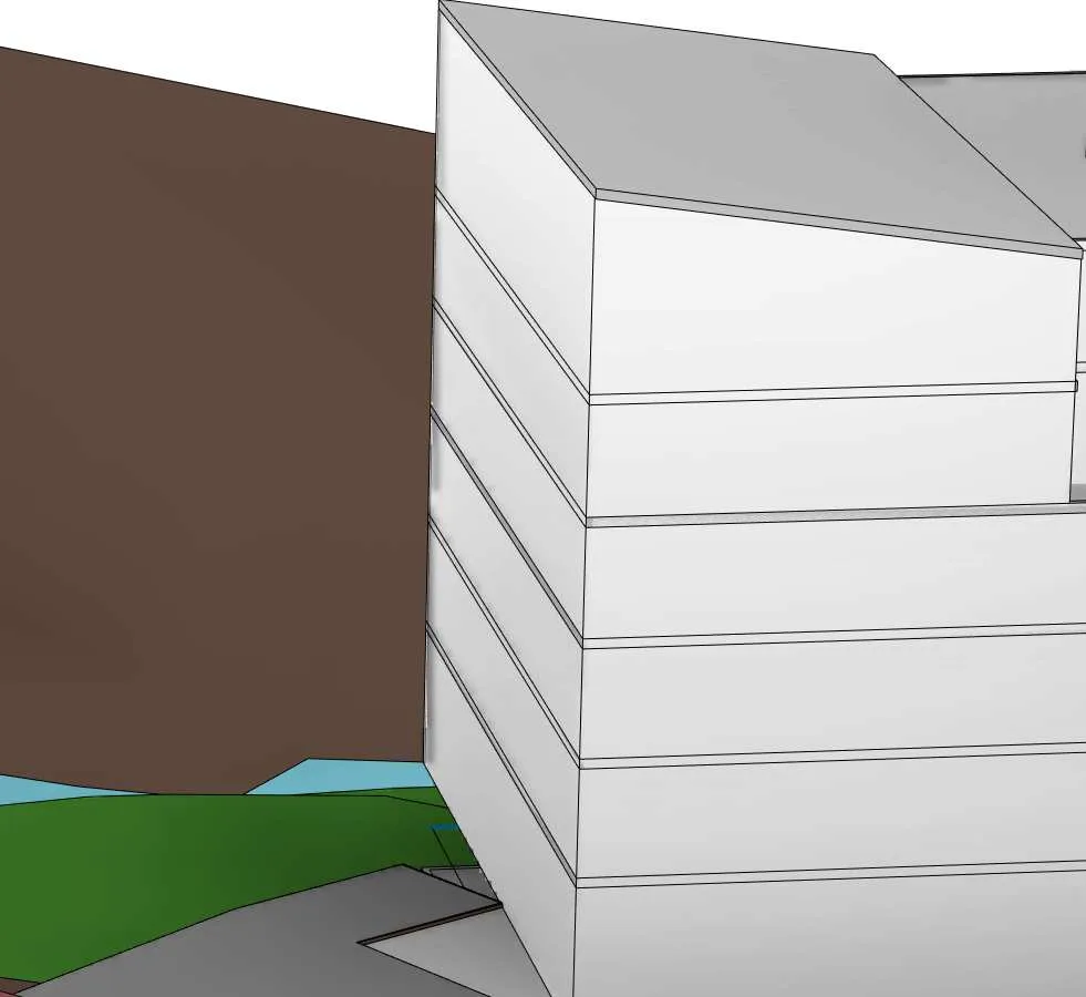 Rendering detail showing side façade unit with horizontal bands
