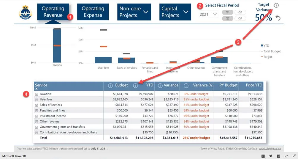 Budget Variance Report dashboard screenshot showing operating revenue charts and a detailed service budget table