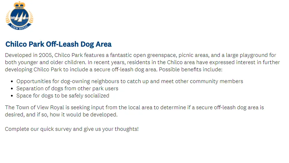 Introductory text for the Chilco Park Off-Leash Dog Area community engagement survey