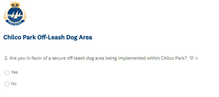 Survey question 2 asking if the respondent is in favor of the off-leash area