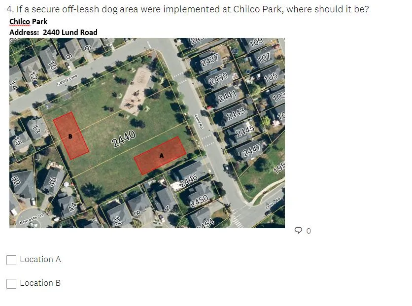 Survey question 4 with an aerial map showing proposed Locations A and B within Chilco Park at 2440 Lund Road