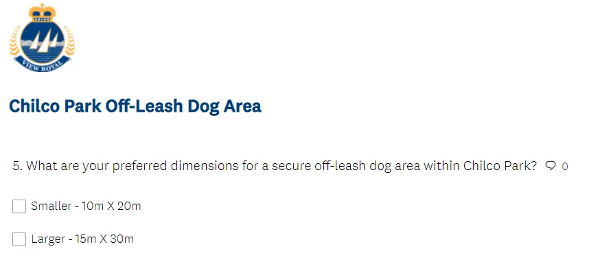 Survey question 5 regarding preferred dimensions for the area