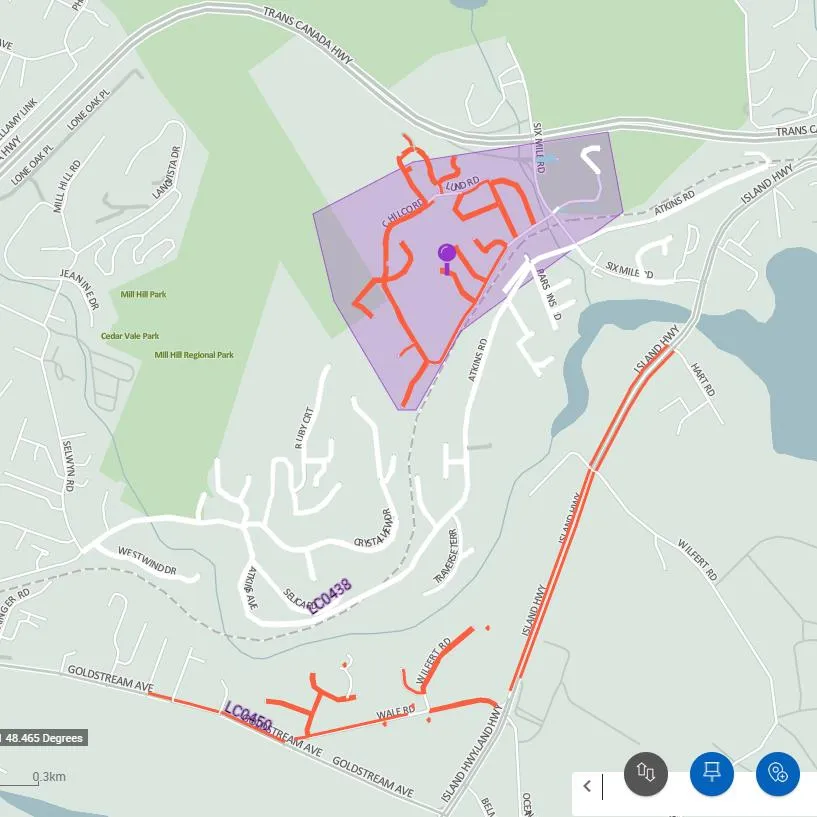 Map of the survey area showing the requested area for precision targeting in purple and Canada Post mail delivery routes in red.