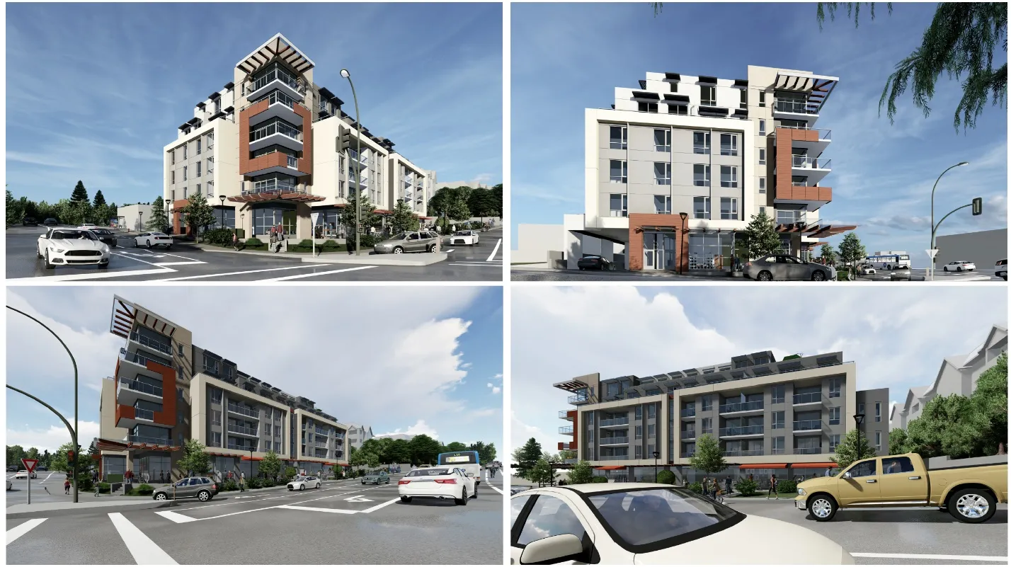 Four architectural renderings of the proposed building showing various street-level and elevated perspectives