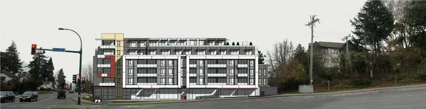 Long-view architectural rendering of the building frontage along Island Highway