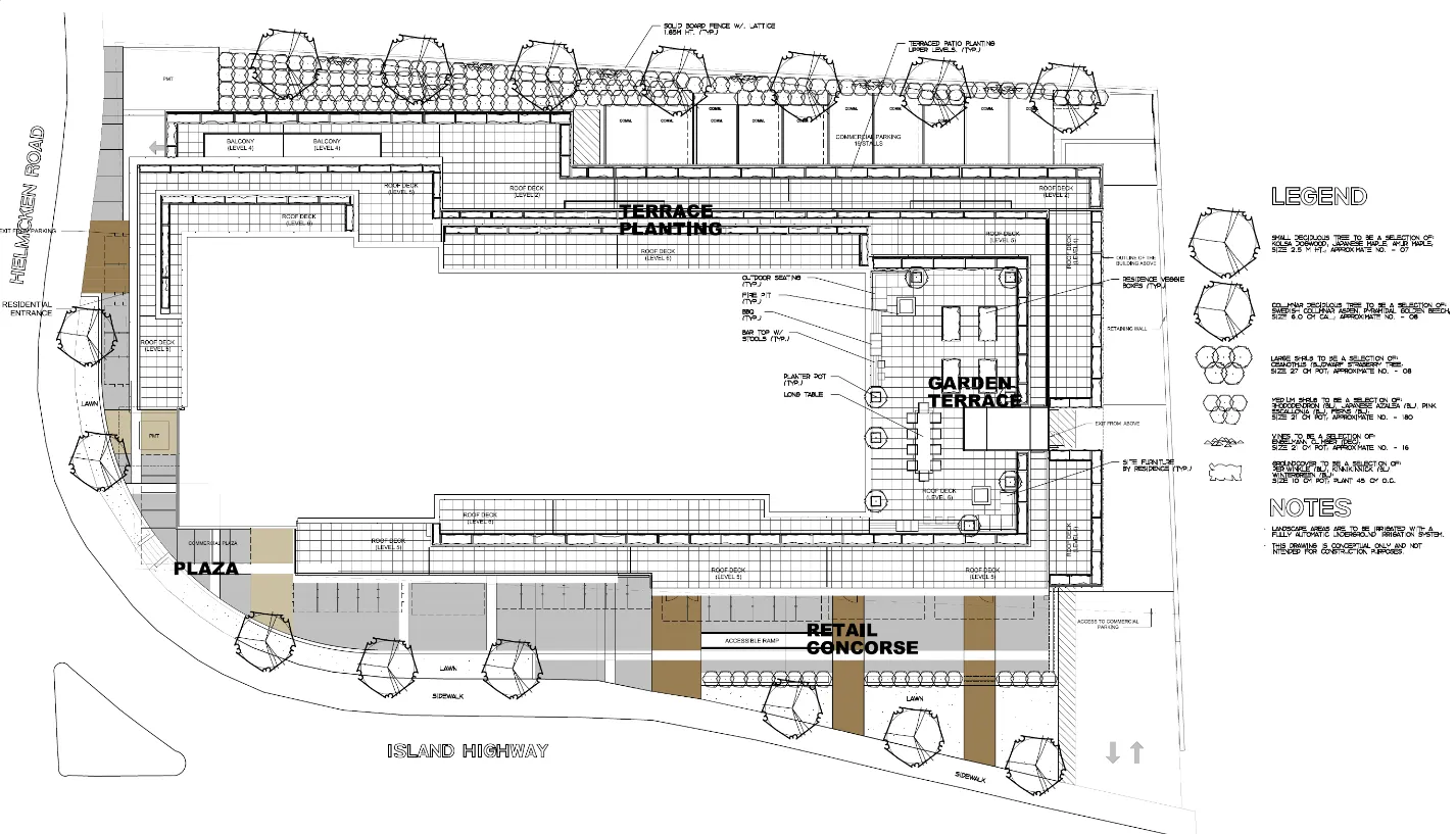 Landscape plan diagram illustrating the site layout, including the plaza, retail concourse, garden terrace, and planting areas