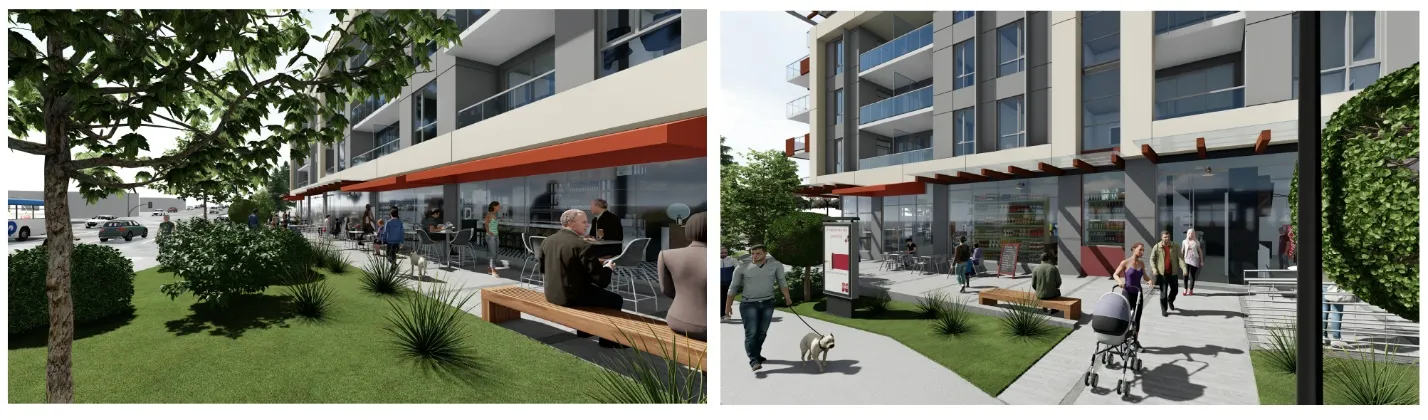 Two architectural renderings depicting the wide pedestrian boulevard, outdoor seating, and commercial storefront interface