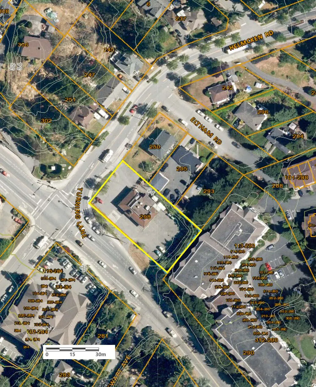 Aerial map showing property parcels and building footprints with address labels. A central property, 298, is highlighted with a thick yellow outline. Surrounding streets are labeled as Helmcken Rd, Eltham Rd, Turning Lane, and Watriss Ave. The map includes unit number labels for multi-unit buildings and a scale bar showing 0, 15, and 30 meters.