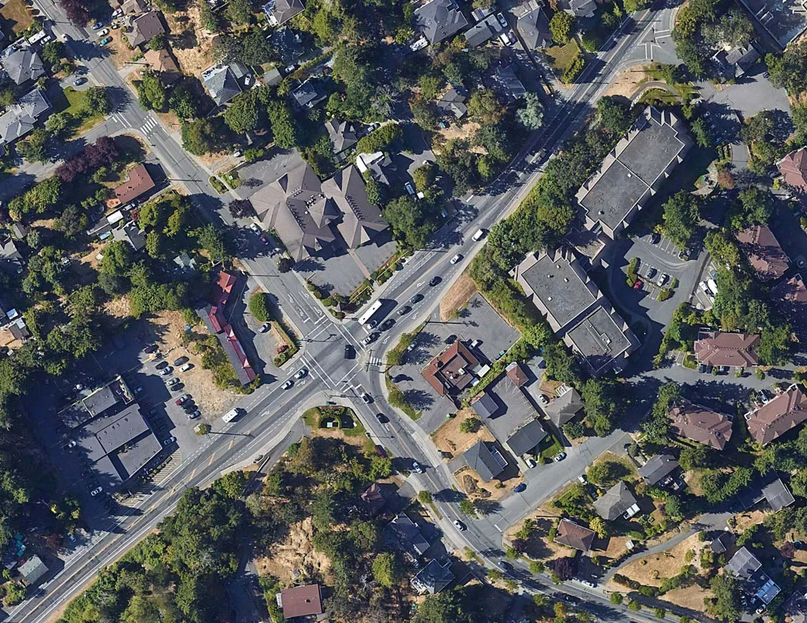 Aerial context map centered on 298 Island Highway at the intersection of Island Highway and Helmcken Road