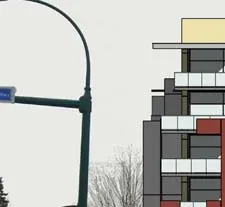 Perspective view of the building's corner architecture at Island Highway and Helmcken Road