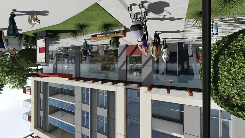 Perspective view of the building's corner architecture at Island Highway and Helmcken Road