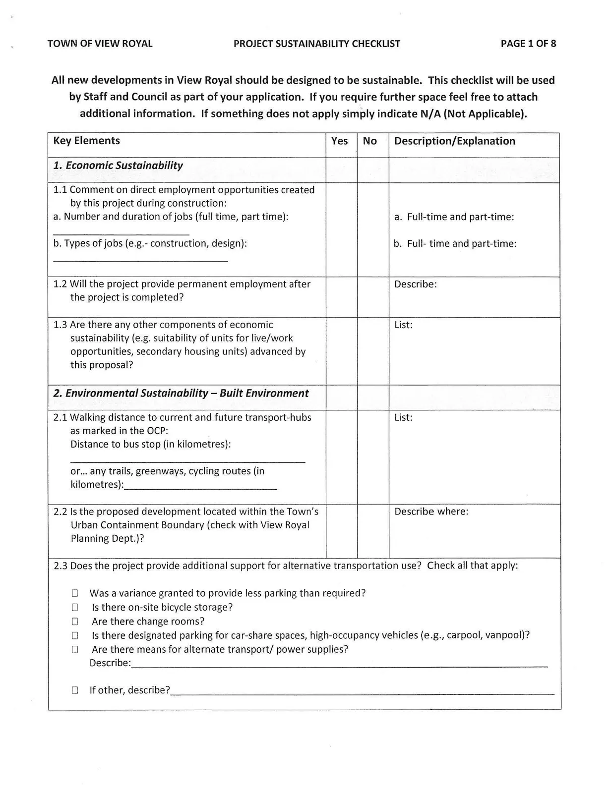 Page 1 of the Project Sustainability Checklist focusing on Economic Sustainability and Built Environment