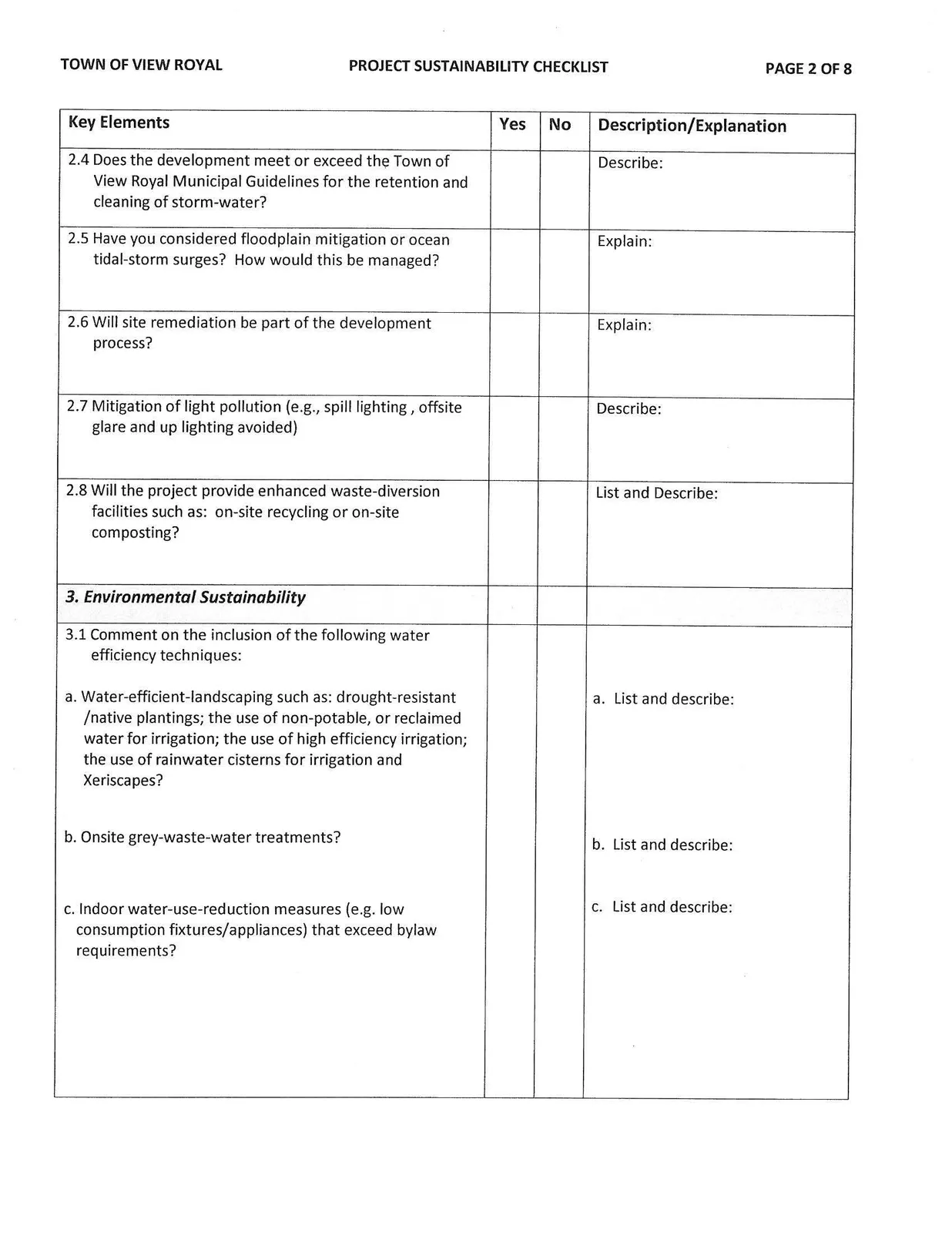 Page 2 of the Project Sustainability Checklist continuing Environmental Sustainability