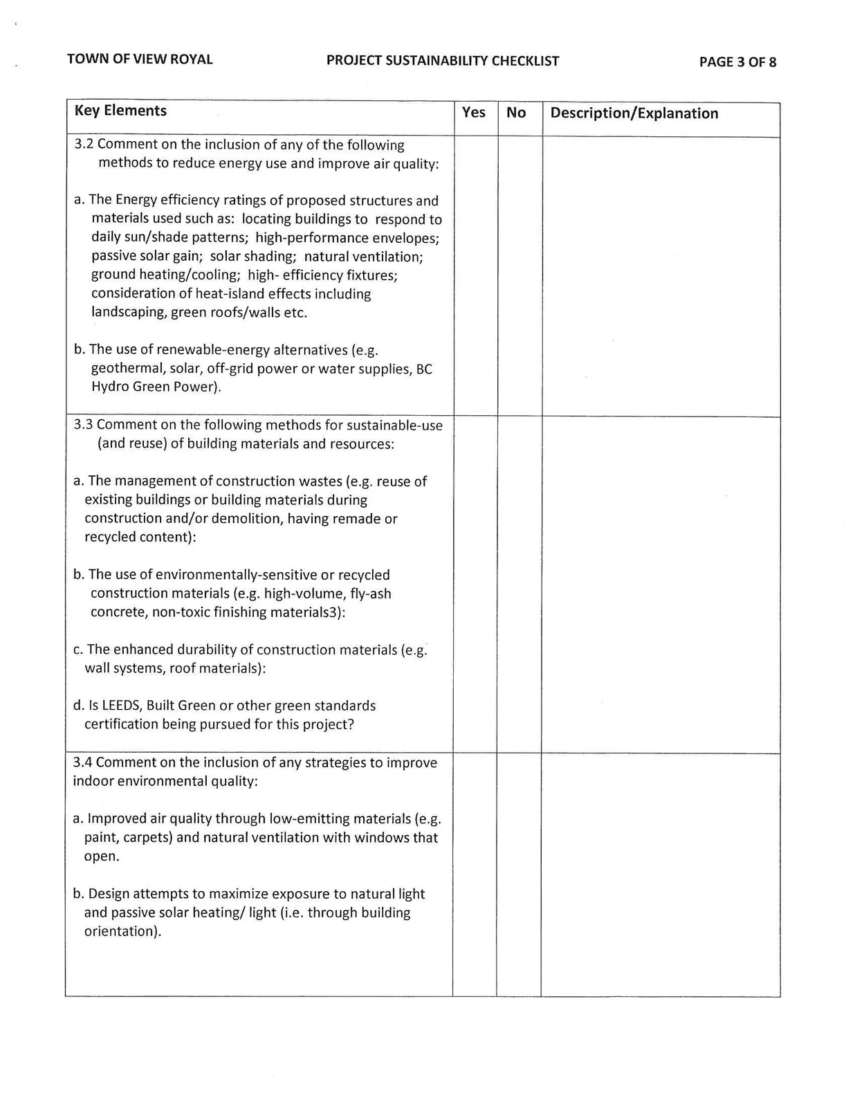 Page 3 of the Project Sustainability Checklist focusing on energy use, materials, and indoor quality