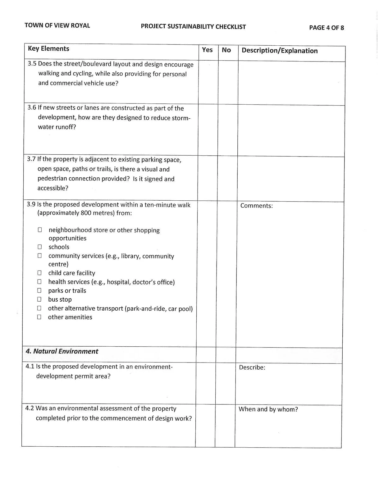 Page 4 of the Project Sustainability Checklist focusing on street layout, connections, and proximity to amenities