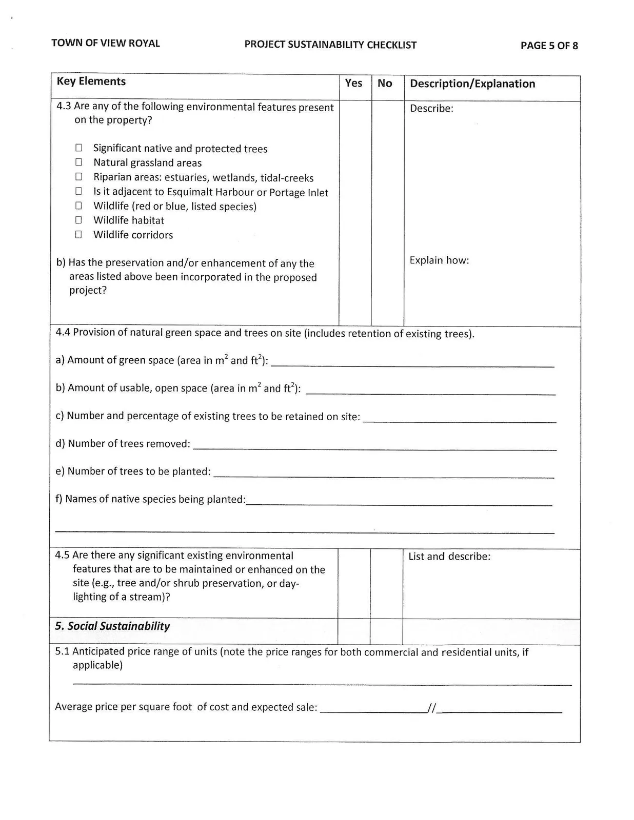 Page 5 of the Project Sustainability Checklist focusing on environmental features and price range