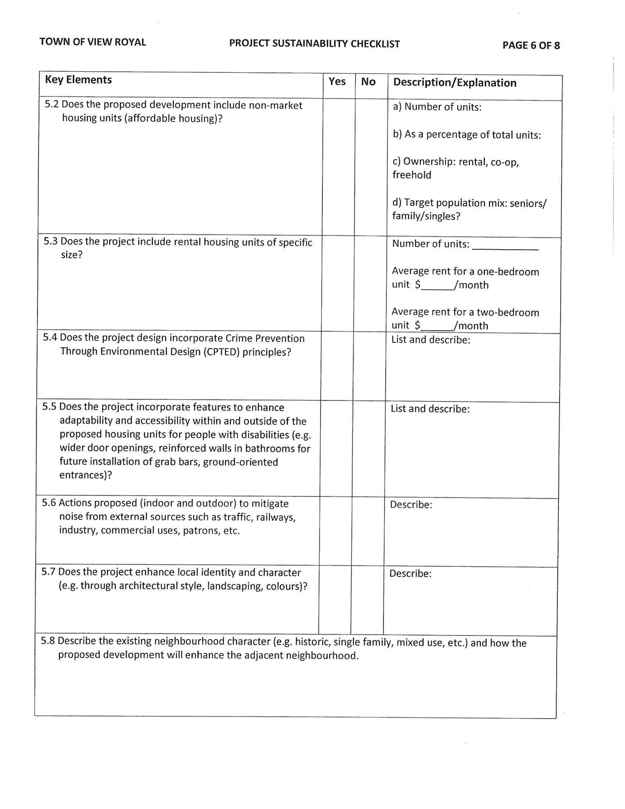 Page 6 of the Project Sustainability Checklist focusing on housing types, CPTED, accessibility, and noise mitigation