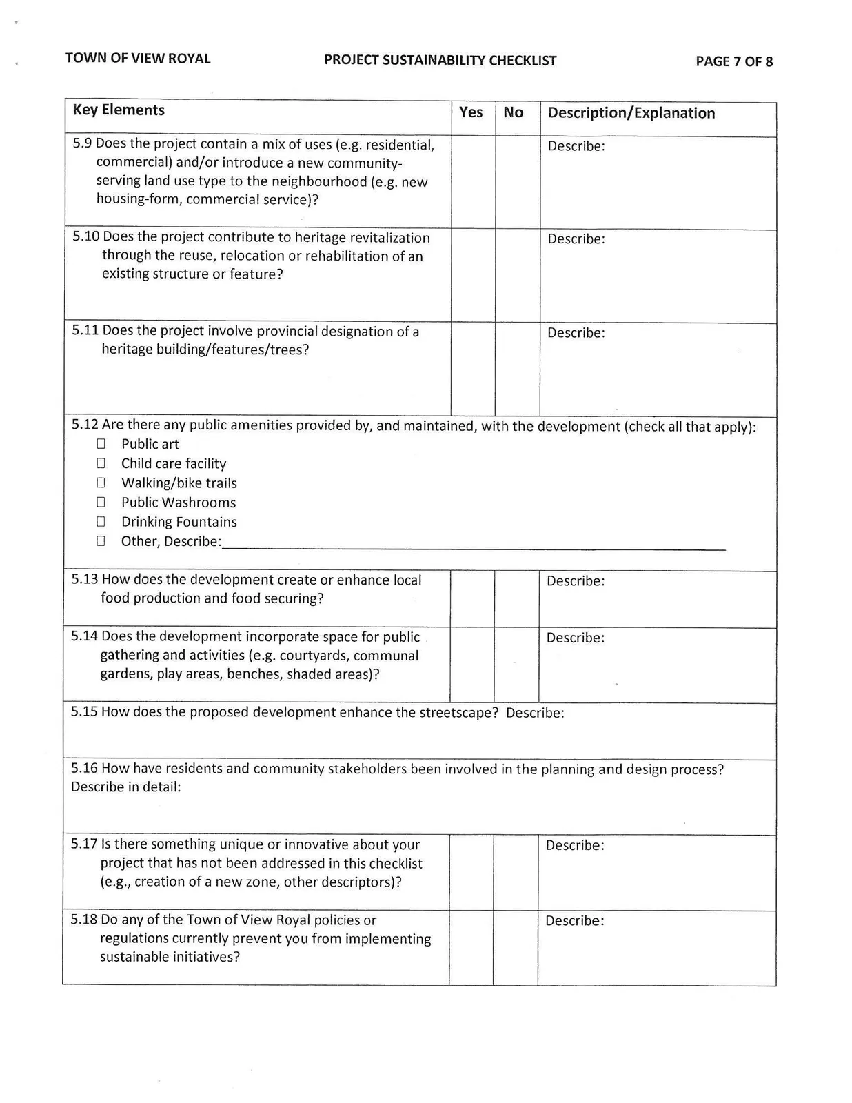 Page 7 of the Project Sustainability Checklist focusing on community amenities, streetscape, and stakeholder involvement