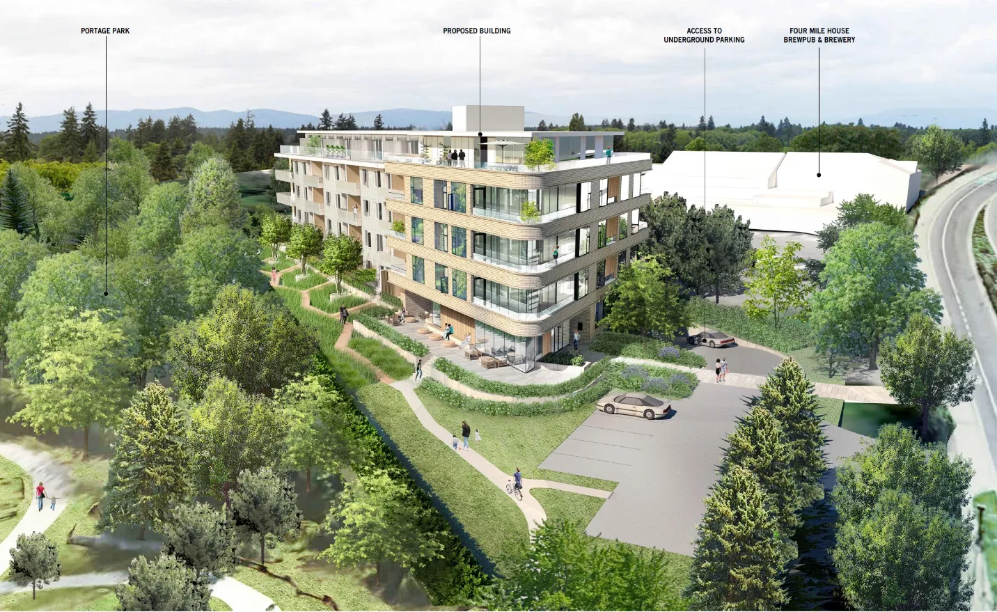 Figure 2. Rendering of the proposed five-storey building as viewed from the intersection area, showing architectural details and surrounding landscaping