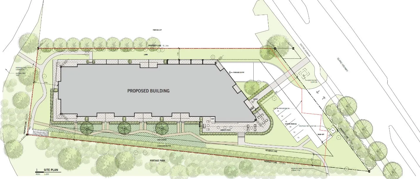 Figure 1. Site Plan showing the proposed building footprint, property lines, and site layout including access and parking