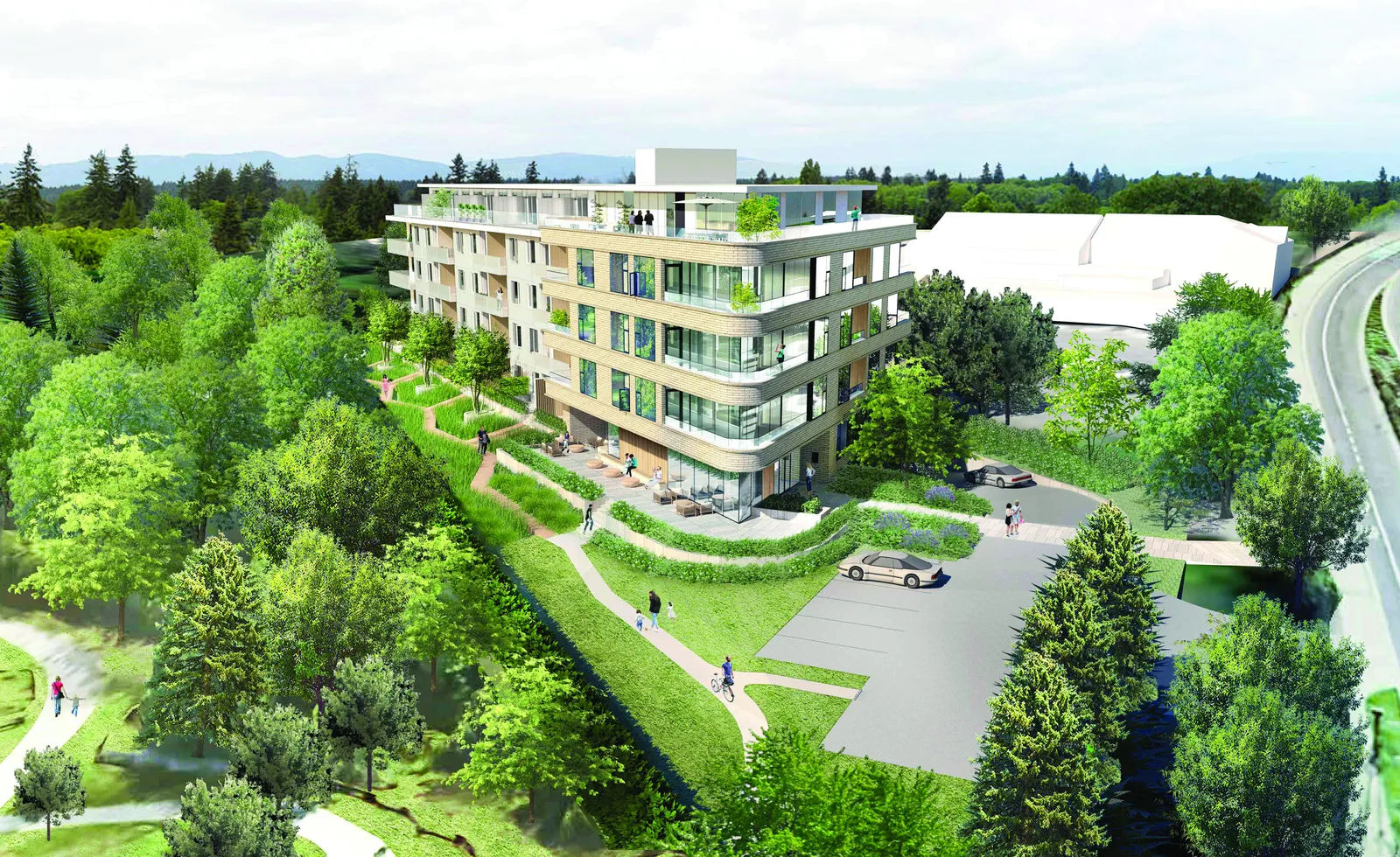 3D perspective conceptual rendering of the 5-storey Portage Park Residences building as seen from an aerial view over Portage Park