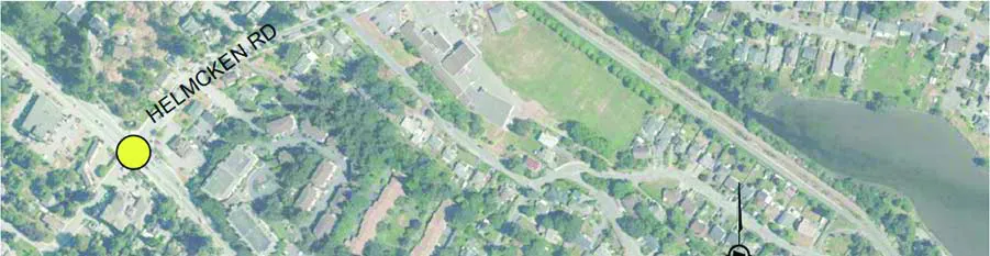 Aerial view showing Helmcken Road and study intersection