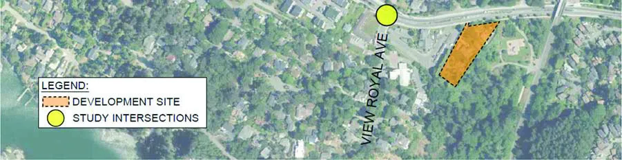 Aerial view showing View Royal Ave and development site