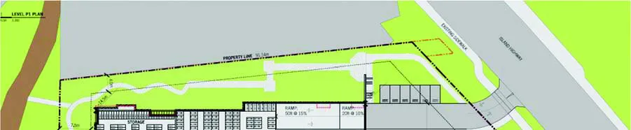 Top portion of development site plan showing ramps and property line