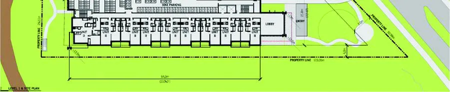 Bottom portion of development site plan showing units, lobby, and site layout