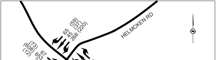 Diagram showing 2031 background AM and PM peak traffic volumes at the Helmcken Road intersection