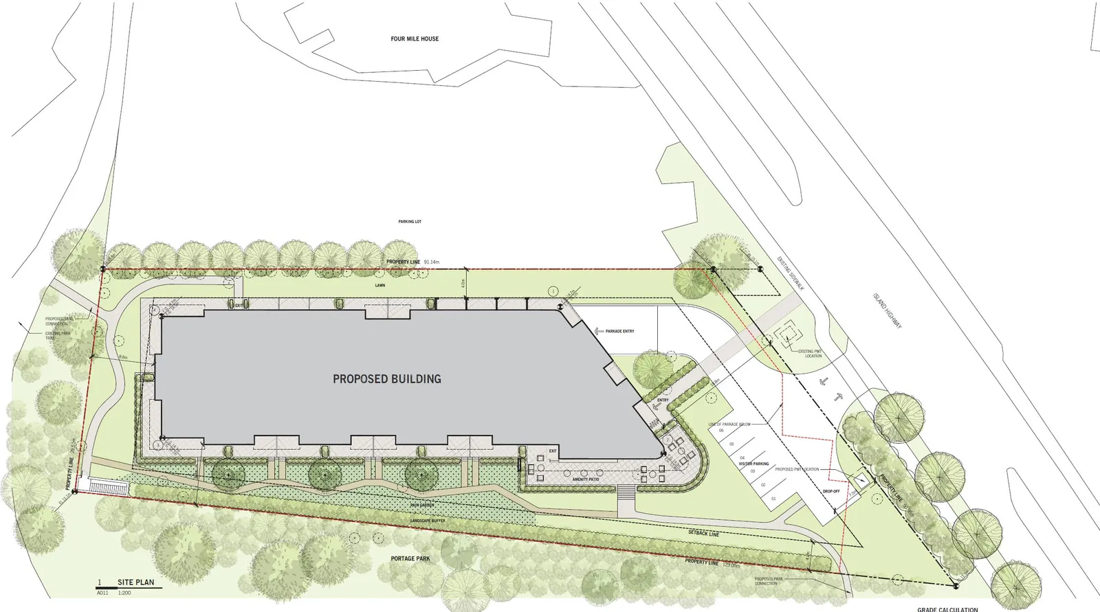 Detailed site plan showing building footprint, parking, and landscaping for the proposed development