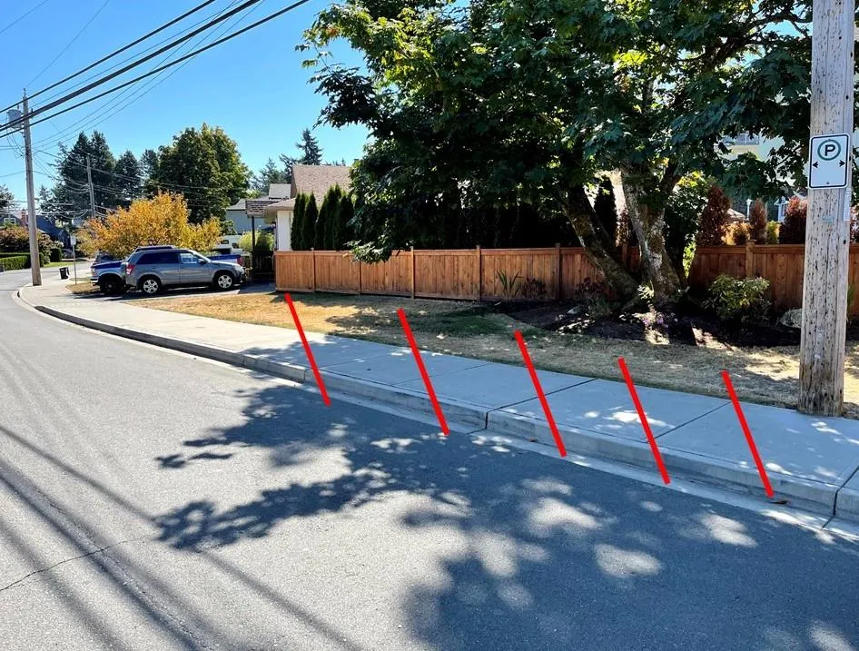 Existing parking on Jedburgh Rd with red lines superimposed to suggest possible angled parking locations