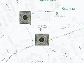 Map of the intersection with two circular overlays suggesting roundabout locations