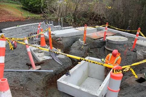 construction crew working on the new valve chamber installation at Thetis Cove Pump Station