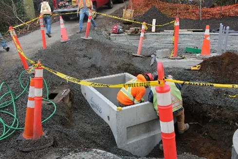 overhead view of the valve chamber construction at Thetis Cove Pump Station