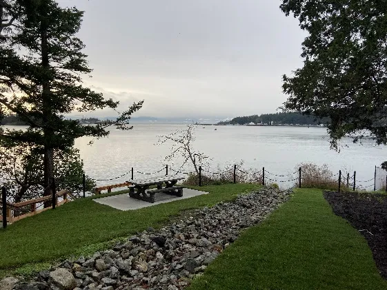 scenic view of Esquimalt Harbour from the new picnic table at the Beaumont access